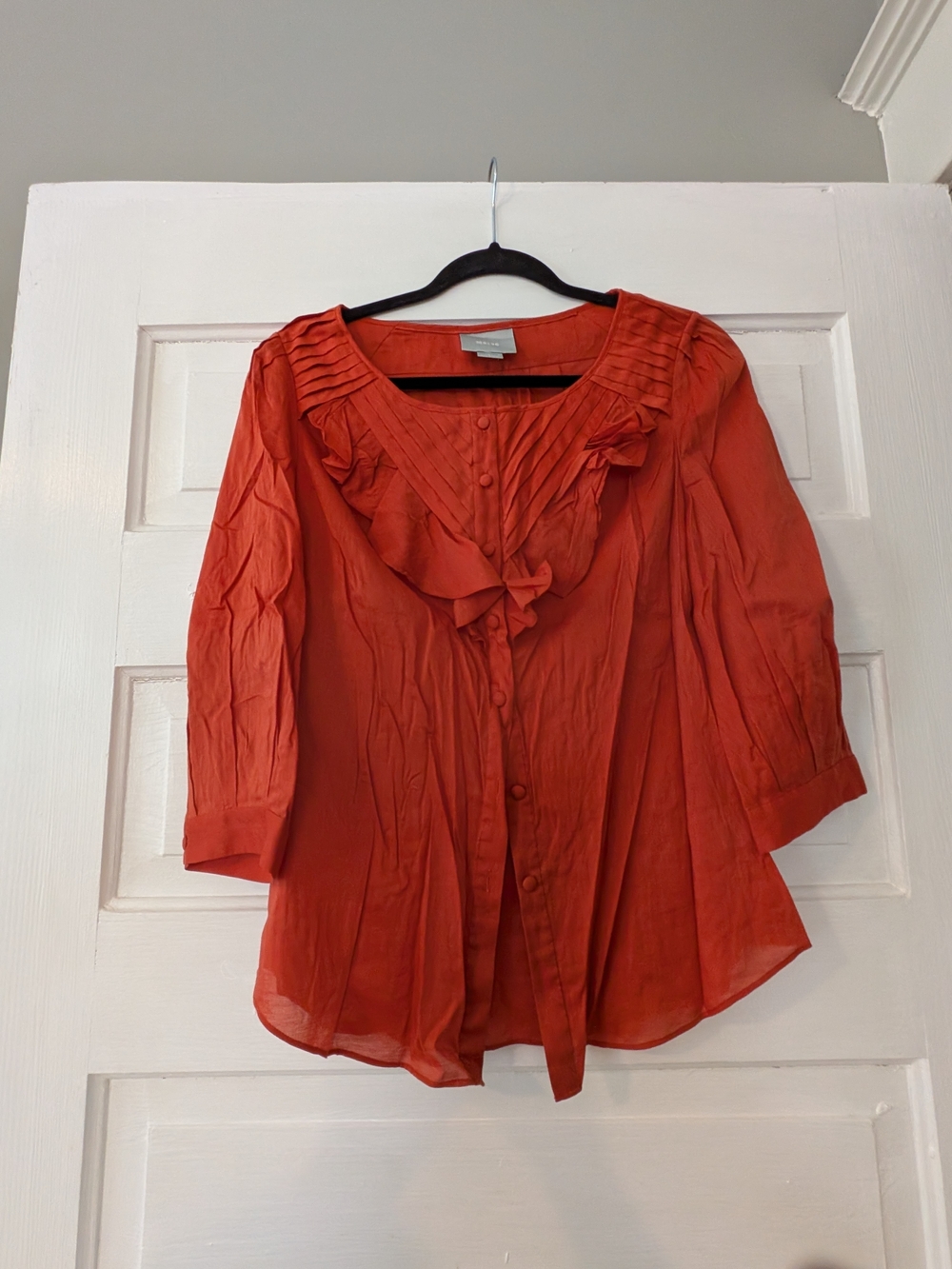 Maeve Anthropologie Orange Ruffle Pintuck Button Blouse- cottage core